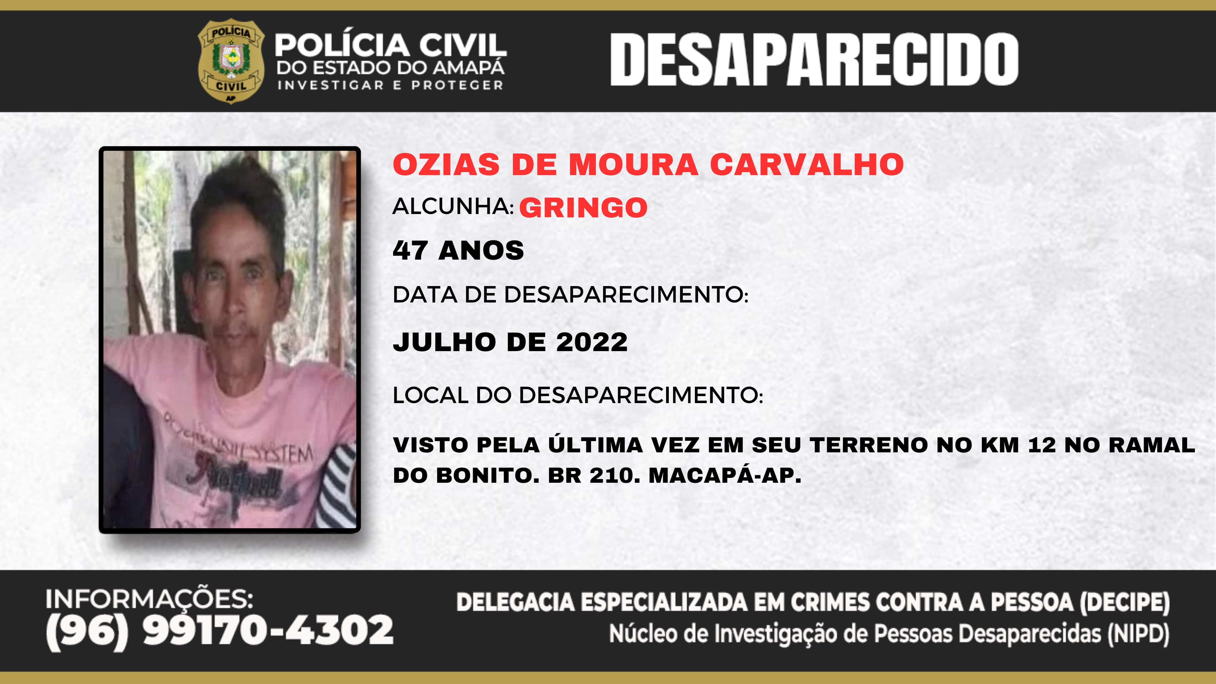POLÍCIA CIVIL PEDE AJUDA DA POPULAÇÃO PARA LOCALIZAR HOMEM  DESAPARECIDO